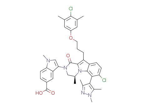 Molecular Structure of 2131184-57-9 ((S)-3-(7-chloro-10-(3-(4-chloro-3,5-dimethylphenoxy)propyl)-4-methyl-1-oxo-6-(1,3,5-trimethyl-1H-pyrazol-4-yl)-3,4-dihydropyrazino[1,2-a]indol-2(1H)-yl)-1-methyl-1H-indole-5-carboxylic acid)