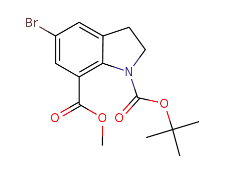 Molecular Structure of 860624-87-9 (1H-Indole-1,7-dicarboxylic acid, 5-bromo-2,3-dihydro-, 1-(1,1-dimethylethyl) 7-methyl ester)