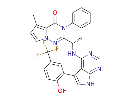 Molecular Structure of 1605326-83-7 ((S)-2-(1-((5-(2-hydroxy-5-(trifluoromethyl)phenyl)-7H-pyrrolo[2,3-d]pyrimidin-4-yl)amino)ethyl)-5-methyl-3-phenylpyrrolo[2,1-f][1,2,4]triazin-4(3H)-one)