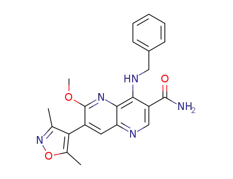 Molecular Structure of 1586755-18-1 (4-(benzylamino)-7-(3,5-dimethylisoxazol-4-yl)-6-methoxy-1,5-naphthyridine-3-carboxamide)