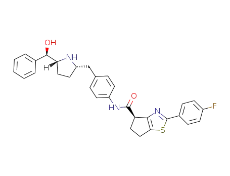 Molecular Structure of 1190389-31-1 ((R)-2-(4-fluorophenyl)-N-(4-(((2S,5R)-5-((R)-hydroxy(phenyl)-methyl)pyrrolidin-2-yl)methyl)phenyl)-5,6-dihydro-4H-cyclopenta[d]thiazole-4-carboxamide)