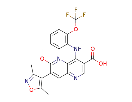 Molecular Structure of 1586755-10-3 (7-(3,5-dimethylisoxazol-4-yl)-6-methoxy-4-((2-(trifluoromethoxy)-phenyl)amino)-1,5-naphthyridine-3-carboxylic acid)