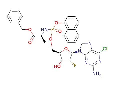 Molecular Structure of 1431557-55-9 (2’-deoxy-2’-fluoro-6-chloroguanosine-5’-O-naphthyl(benzoxy-L-alaninyl)phosphate)