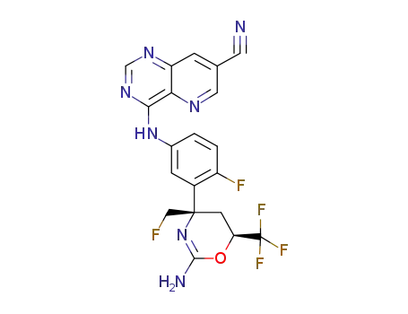Molecular Structure of 1624603-36-6 (4-((3-((4S,6S)-2-amino-4-(fluoromethyl)-6-(trifluoromethyl)-5,6-dihydro-4H-1,3-oxazin-4-yl)-4-fluorophenyl)amino)pyrido[3,2-d]pyrimidine-7-carbonitrile)