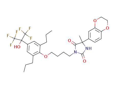 5-(2,3-dihydrobenzo[b][1,4]dioxin-6-yl)-3-(4-(4-(1,1,1,3,3,3-hexafluoro-2-hydroxy-propan-2-yl)-2,6-di-n-propylphenoxy)butyl)-5-methylimidazolidine-2,4-dione