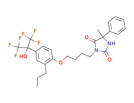 Molecular Structure of 1031395-11-5 (3-(4-(4-(1,1,1,3,3,3-hexafluoro-2-hydroxypropan-2-yl)-2-n-propylphenoxy)butyl)-5-methyl-5-phenylimidazolidine-2,4-dione)