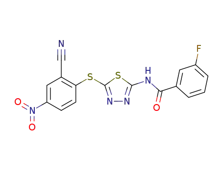 Molecular Structure of 1281988-94-0 (N-[5-(2-cyano-4-nitrophenylthio)-1,3,4-thiadiazol-2-yl]-3-fluorobenzamide)