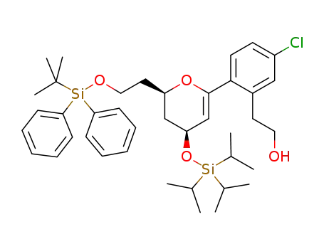 Molecular Structure of 1308314-50-2 ((-)-2-(2-(2-((2R,4S)-2-(tert-butyldiphenylsilyloxy)ethyl)-4-(triisopropylsilyloxy)-3,4-dihydro-2H-pyran-6-yl)-5-chlorophenyl)ethanol)