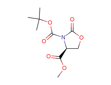 Molecular Structure of 184829-58-1 (3,4-Oxazolidinedicarboxylic acid, 2-oxo-, 3-(1,1-dimethylethyl) 4-methyl
ester, (4S)-)