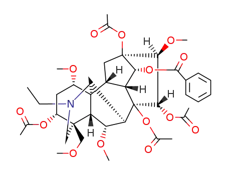 Molecular Structure of 67806-02-4 ((1alpha,3alpha,6alpha,10alpha,13alpha,14alpha,15alpha,16beta,17xi)-3,8,13,15-tetrakis(acetyloxy)-20-ethyl-1,6,16-trimethoxy-4-(methoxymethyl)aconitan-14-yl benzoate)