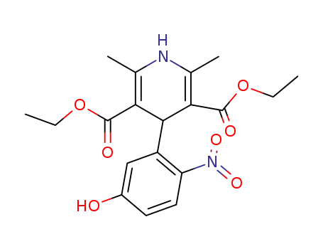 Molecular Structure of 32947-28-7 (3,5-Pyridinedicarboxylic acid,
1,4-dihydro-4-(5-hydroxy-2-nitrophenyl)-2,6-dimethyl-, diethyl ester)