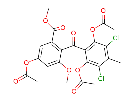 Molecular Structure of 89367-82-8 (Benzoic acid,
5-(acetyloxy)-2-[2,6-bis(acetyloxy)-3,5-dichloro-4-methylbenzoyl]-3-meth
oxy-, methyl ester)