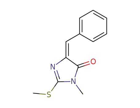 Molecular Structure of 82319-33-3 (4H-Imidazol-4-one,
3,5-dihydro-3-methyl-2-(methylthio)-5-(phenylmethylene)-, (E)-)