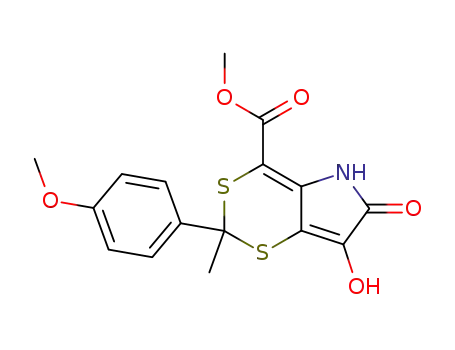 Molecular Structure of 62698-42-4 (1,3-Dithiino[5,4-b]pyrrole-4-carboxylic acid,
5,6-dihydro-7-hydroxy-2-(4-methoxyphenyl)-2-methyl-6-oxo-, methyl
ester)