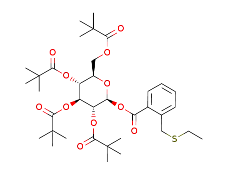 Molecular Structure of 141882-88-4 (2-Ethylsulfanylmethyl-benzoic acid (2S,3R,4S,5R,6R)-3,4,5-tris-(2,2-dimethyl-propionyloxy)-6-(2,2-dimethyl-propionyloxymethyl)-tetrahydro-pyran-2-yl ester)