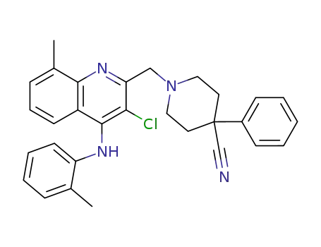 Molecular Structure of 84489-88-3 (1-(3-Chloro-8-methyl-4-o-tolylamino-quinolin-2-ylmethyl)-4-phenyl-piperidine-4-carbonitrile)