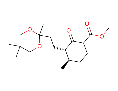 Molecular Structure of 138153-88-5 (Cyclohexanecarboxylic acid,
4-methyl-2-oxo-3-[2-(2,5,5-trimethyl-1,3-dioxan-2-yl)ethyl]-, methyl ester)
