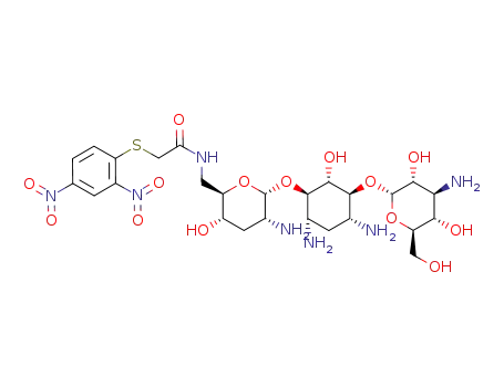 Molecular Structure of 93801-67-3 (N-{(2R,3S,5R,6R)-5-Amino-6-[(1R,2S,3S,4R,6S)-4,6-diamino-3-((2S,3R,4S,5S,6R)-4-amino-3,5-dihydroxy-6-hydroxymethyl-tetrahydro-pyran-2-yloxy)-2-hydroxy-cyclohexyloxy]-3-hydroxy-tetrahydro-pyran-2-ylmethyl}-2-(2,4-dinitro-phenylsulfanyl)-acetamide)