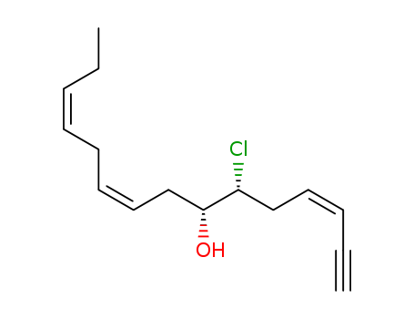Molecular Structure of 143051-69-8 (3,9,12-Pentadecatrien-1-yn-7-ol,6-chloro-, (3Z,6R,7R,9Z,12Z)-)