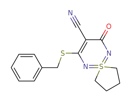 Molecular Structure of 100765-23-9 (7-(Benzylthio)-9-oxo-5λ<sup>6</sup>-thia-6,10-diazaspiro<4.5>deca-5,7,10-trien-8-carbonitril)