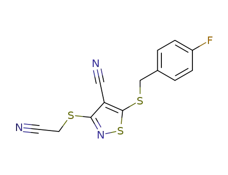 Molecular Structure of 135489-12-2 (3-[(cyanomethyl)sulfanyl]-5-[(4-fluorobenzyl)sulfanyl]isothiazole-4-carbonitrile)