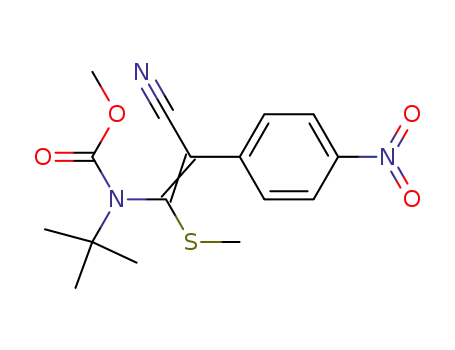 Molecular Structure of 82940-21-4 (Carbamic acid,
[2-cyano-1-(methylthio)-2-(4-nitrophenyl)ethenyl]-(1,1-dimethylethyl)-,
methyl ester, (E)-)