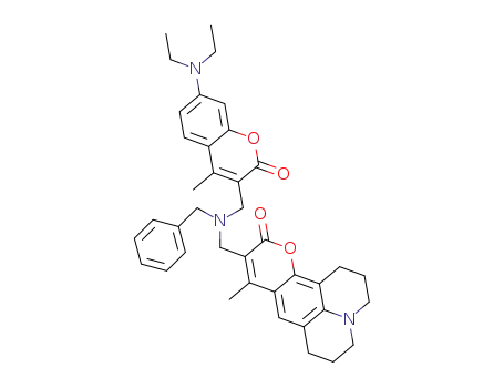 Molecular Structure of 142878-54-4 (9-{[Benzyl-(7-diethylamino-4-methyl-2-oxo-2H-chromen-3-ylmethyl)-amino]-methyl}-8-methyl-2,3,5,6-tetrahydro-1H,4H-11-oxa-3a-aza-benzo[de]anthracen-10-one)