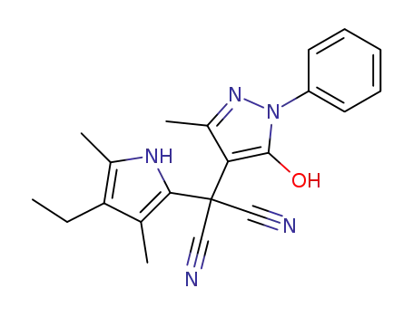Molecular Structure of 137123-51-4 (2-(4-ethyl-3,5-dimethyl-1H-pyrrol-2-yl)-2-(5-hydroxy-3-methyl-1-phenyl-1H-pyrazol-4-yl)malononitrile)