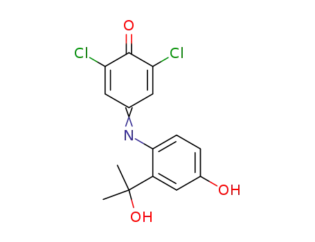 Molecular Structure of 137041-53-3 (2,5-Cyclohexadien-1-one,
2,6-dichloro-4-[[4-hydroxy-2-(1-hydroxy-1-methylethyl)phenyl]imino]-)
