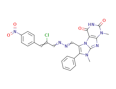 Molecular Structure of 91456-77-8 (1H-Imidazo(2,1-f)purine-6-carboxaldehyde, 2,3,4,8-tetrahydro-1,8-dimethyl-2,4-dioxo-7-phenyl-, 6-((2-chloro-3-(4-nitrophenyl)-2-propenylidene)hydrazone))