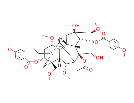 Molecular Structure of 134249-82-4 ((1alpha,3alpha,6alpha,10alpha,13alpha,14alpha,15alpha,16beta,17xi)-8-(acetyloxy)-20-ethyl-13,15-dihydroxy-1,6,16-trimethoxy-4-(methoxymethyl)aconitane-3,14-diyl bis(4-methoxybenzoate))