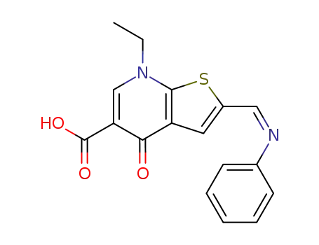 Molecular Structure of 100326-99-6 (Thieno[2,3-b]pyridine-5-carboxylic acid,
7-ethyl-4,7-dihydro-4-oxo-2-[(phenylimino)methyl]-)