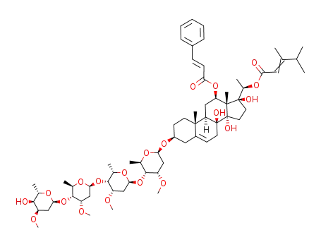 Molecular Structure of 100802-90-2 (Pregn-5-ene-8,12,14,17,20-pentol,3-[(O-2,6-dideoxy-3-O-methyl-a-L-ribo-hexopyranosyl-(1®4)-O-2,6-dideoxy-3-O-methyl-b-D-ribo-hexopyranosyl-(1®4)-O-2,6-dideoxy-3-O-methyl-a-L-lyxo-hexopyranosyl-(1®4)-2,6-dideoxy-3-O-methyl-b-D-ribo-hexopyranosyl)oxy]-, 21-(3,4-dimethyl-2-pentenoate)12-[(2E)-3-phenyl-2-propenoate], (3b,12b,14b,17a,20R)- (9CI))