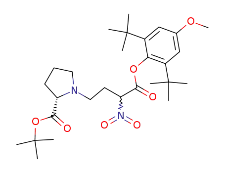 Molecular Structure of 124201-86-1 (4-<(2S)-2-(tert-Butoxycarbonyl)-1-pyrrolidinyl>-2-nitrobuttersaeure-<2,6-di(tert-butyl)-4-methoxyphenyl>ester)