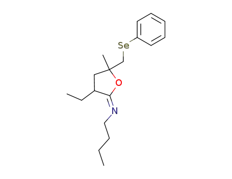 Butyl-[3-ethyl-5-methyl-5-phenylselanylmethyl-dihydro-furan-(2E)-ylidene]-amine