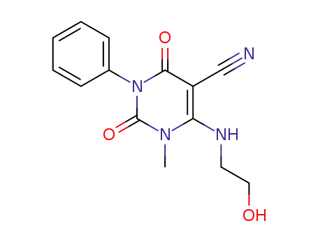 Molecular Structure of 115351-90-1 (6-(2-Hydroxy-ethylamino)-1-methyl-2,4-dioxo-3-phenyl-1,2,3,4-tetrahydro-pyrimidine-5-carbonitrile)