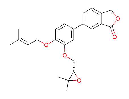 Molecular Structure of 113489-68-2 (1(3H)-Isobenzofuranone,
6-[3-[(3,3-dimethyloxiranyl)methoxy]-4-[(3-methyl-2-butenyl)oxy]phenyl]-,
(S)-)