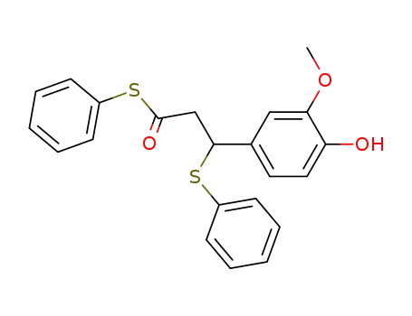 Molecular Structure of 111248-34-1 (Benzenepropanethioic acid, 4-hydroxy-3-methoxy-b-(phenylthio)-,
S-phenyl ester)
