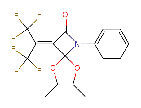 Molecular Structure of 76790-85-7 (2-Azetidinone,
4,4-diethoxy-1-phenyl-3-[2,2,2-trifluoro-1-(trifluoromethyl)ethylidene]-)