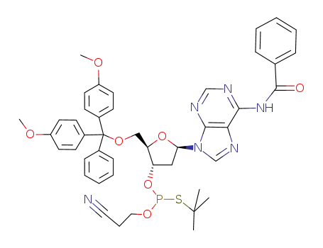 Molecular Structure of 109875-55-0 (Adenosine,
N-benzoyl-5'-O-[bis(4-methoxyphenyl)phenylmethyl]-2'-deoxy-,
3'-[O-(2-cyanoethyl) S-(1,1-dimethylethyl) phosphorothioite])