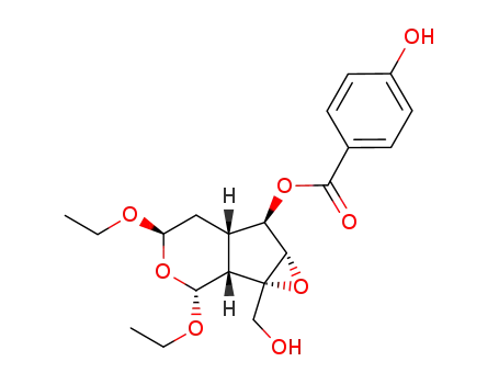 Molecular Structure of 109582-94-7 (4-Hydroxy-benzoic acid (1aS,1bR,2R,4R,5aS,6R,6aS)-2,4-diethoxy-1a-hydroxymethyl-octahydro-1,3-dioxa-cyclopropa[a]inden-6-yl ester)
