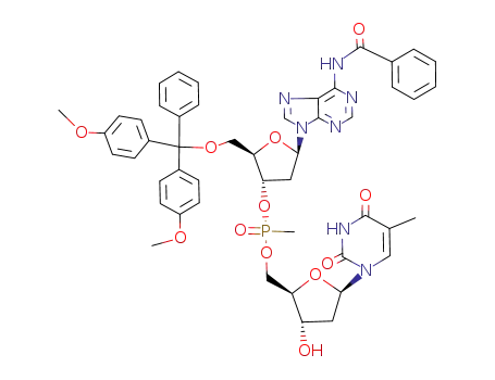 Molecular Structure of 90865-78-4 ((S)-Methyl-phosphonic acid (2R,3S,5R)-5-(6-benzoylamino-purin-9-yl)-2-[bis-(4-methoxy-phenyl)-phenyl-methoxymethyl]-tetrahydro-furan-3-yl ester (2R,3S,5R)-3-hydroxy-5-(5-methyl-2,4-dioxo-3,4-dihydro-2H-pyrimidin-1-yl)-tetrahydro-furan-2-ylmethyl ester)
