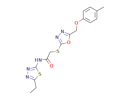Molecular Structure of 86716-31-6 (N-(5-Ethyl-[1,3,4]thiadiazol-2-yl)-2-(5-p-tolyloxymethyl-[1,3,4]oxadiazol-2-ylsulfanyl)-acetamide)