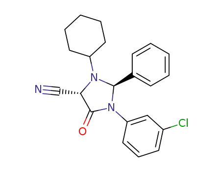 Molecular Structure of 106689-91-2 (4-Imidazolidinecarbonitrile,
1-(3-chlorophenyl)-3-cyclohexyl-5-oxo-2-phenyl-, trans-)
