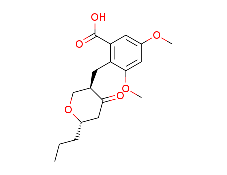 Molecular Structure of 140647-10-5 (Benzoic acid,
3,5-dimethoxy-2-[(tetrahydro-4-oxo-6-propyl-2H-pyran-3-yl)methyl]-,
trans-)