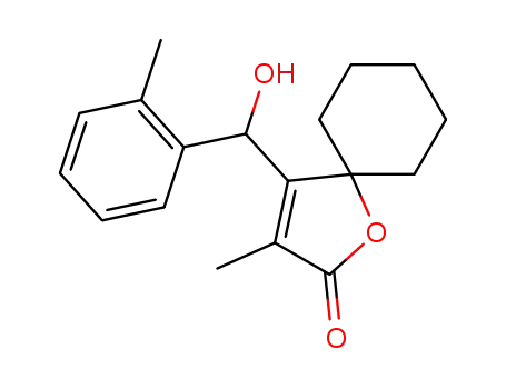 Molecular Structure of 86560-20-5 (1-Oxaspiro(4.5)dec-3-en-2-one, 4-(hydroxy(2-methylphenyl)methyl)-3-met hyl-)