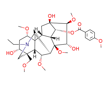 Molecular Structure of 101247-23-8 ((9xi,16beta)-20-ethyl-3,13,15-trihydroxy-1,6,8,16-tetramethoxy-4-(methoxymethyl)aconitan-14-yl 4-methoxybenzoate)
