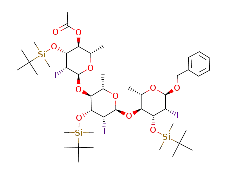 Benzyl-<4-O-acetyl-3-O-(tert-butyldimethylsilyl)-2,6-didesoxy-2-iod-α-L-mannopyranosyl>-(1->4)-O-<3-O-(tert-butyldimethylsilyl)-2,6-didesoxy-2-iod-α-L-mannopyranosyl>-(1->4)-O-3-O-(tert-butyldimethylsilyl)-2,6-didesoxy-2-iod-α-L-mannopyranosid
