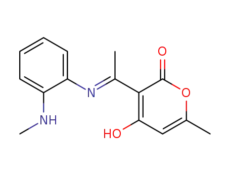 Molecular Structure of 84859-29-0 (4-Hydroxy-6-methyl-3-{1-[(E)-2-methylamino-phenylimino]-ethyl}-pyran-2-one)