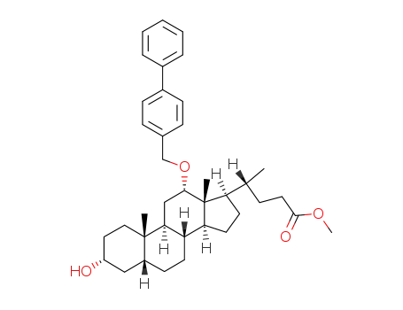 Molecular Structure of 175696-24-9 ((R)-4-[(3R,5R,8R,9S,10S,12S,13R,14S,17R)-12-(Biphenyl-4-ylmethoxy)-3-hydroxy-10,13-dimethyl-hexadecahydro-cyclopenta[a]phenanthren-17-yl]-pentanoic acid methyl ester)